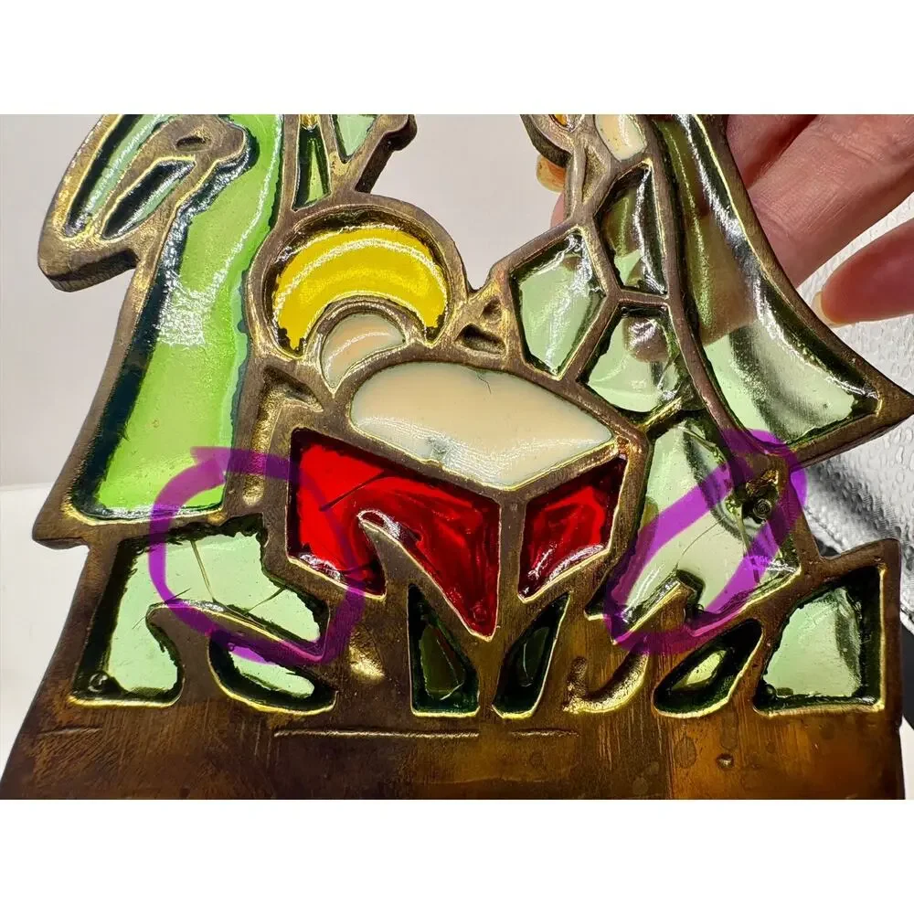 VTG Enesco Faux Stained Glass Christmas Tree and Nativity Scene Candle Holder